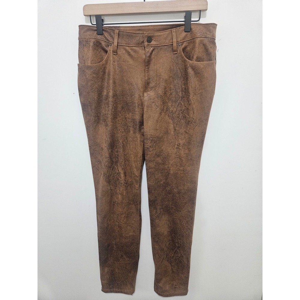 Chicos Faux Leather Distressed Brown Slim Leg Pants Size 1R US 8R Stretch 5-Pock